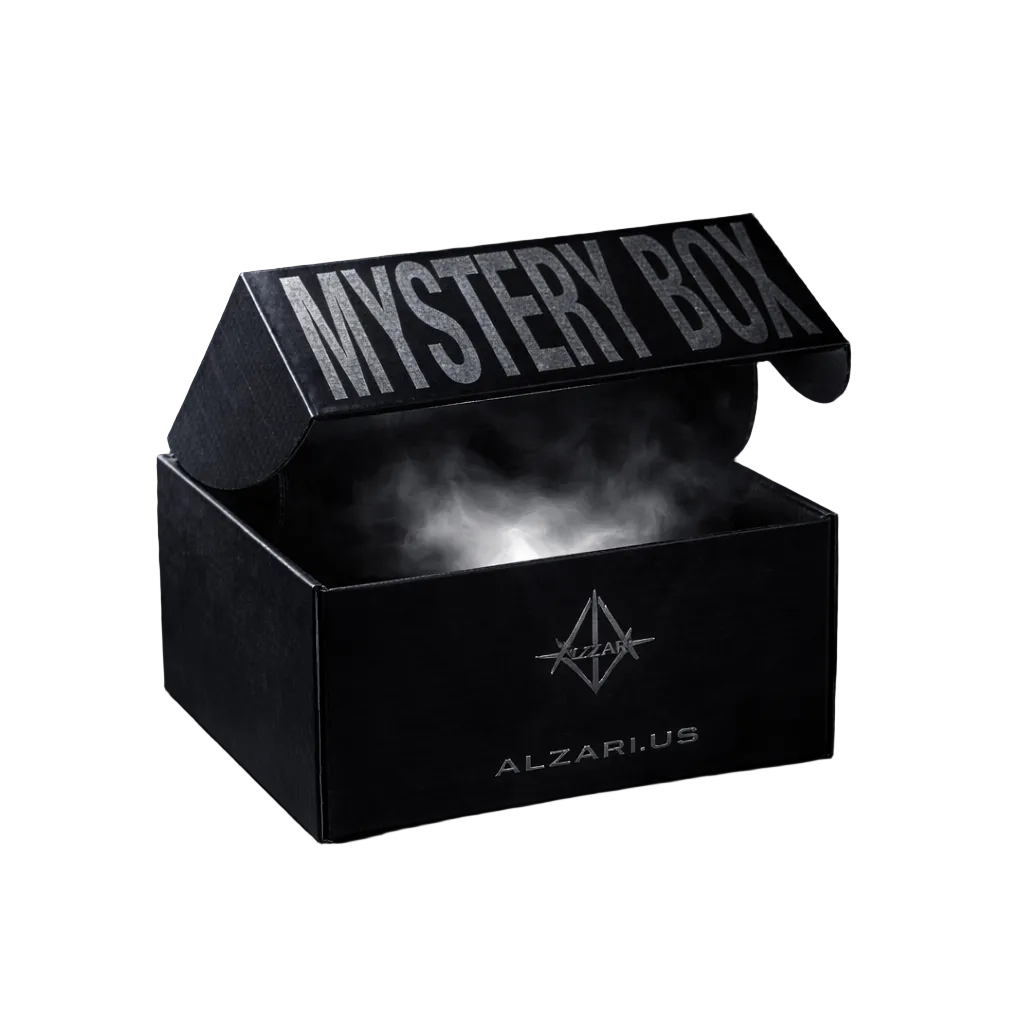 Black mystery box with 'MYSTERY BOX' text and Alzari.us branding on a dark background