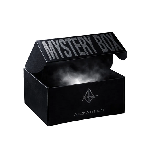 Black mystery box with 'MYSTERY BOX' text and Alzari.us branding on a dark background